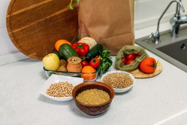 A kitchen counter with various containers filled with pre-cut vegetables, cooked grains, and portioned meals ready to be stored in the refrigerator. The scene emphasizes the efficiency and organization of meal prepping.