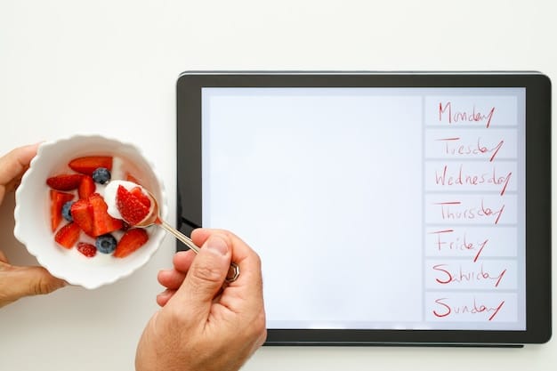 A person using a digital calendar app on their smartphone, scheduling and adjusting their meal plan for the week. The calendar includes color-coded meal icons for breakfast, lunch, and dinner.