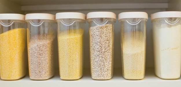 A well-organized pantry with clear containers filled with grains, beans, spices, and other versatile ingredients. Labels are visible, and the pantry is neatly arranged.
