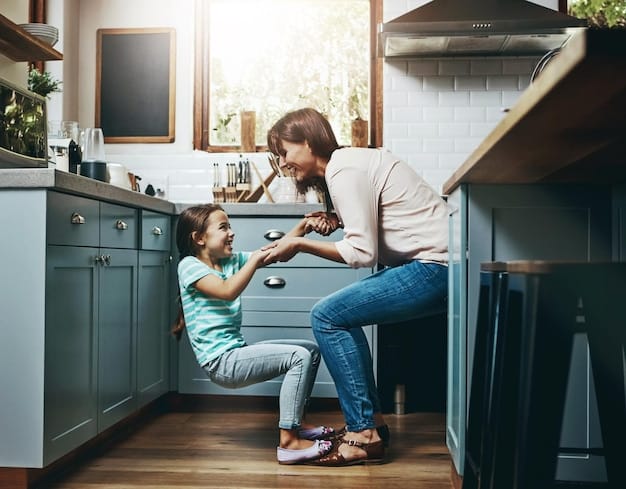 Two children laughing and helping their parent stir a pot on 