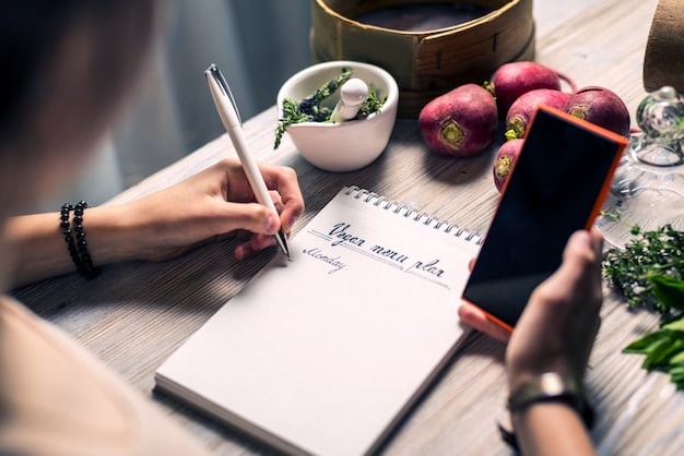A hand writing a meal plan on a notebook with a calendar and a list of groceries next to it. Pens, highlighters, and a calculator are also visible on the desk, suggesting a thoughtful and organized approach to meal planning.