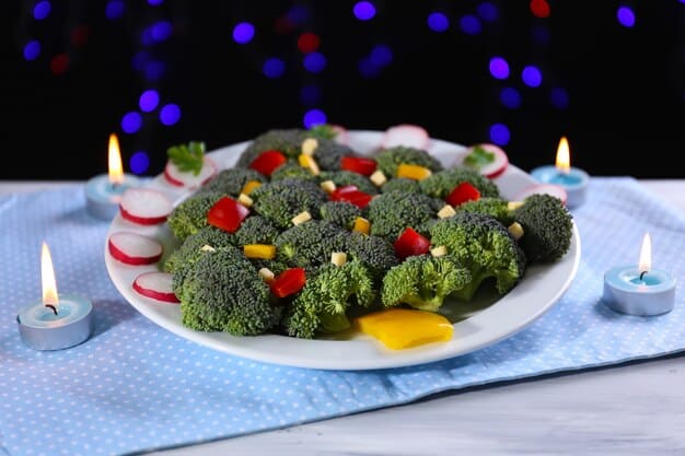 A close-up shot of a large bowl filled with colorful vegetable stir-fry. Broccoli, carrots, bell peppers, and snap peas are visible, mixed with a light sauce and topped with sesame seeds. Brown rice is placed beside the bowl, completing the healthy meal.