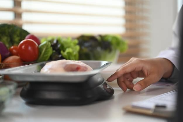 A person using a digital scale to weigh a portion of cooked chicken breast, with a notebook and pen nearby to record the nutritional information. The focus is on portion control as a key element of a weight loss meal plan.