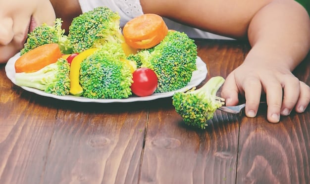 A close-up shot of a child carefully arranging vegetables on a plate, with a parent gently guiding their hand. The focus is on the collaboration and positive interaction.