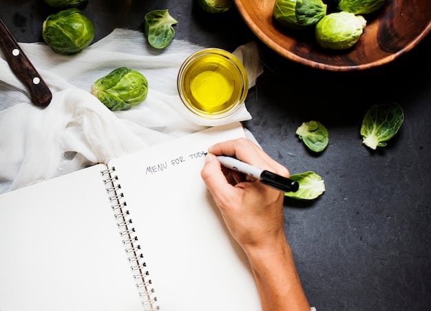 Close-up shot of a person writing a detailed meal plan in a notebook, surrounded by cookbooks, healthy food ingredients, and travel maps, emphasizing the planning process.