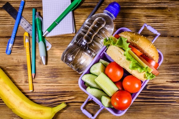 A well-organized cooler filled with various healthy road trip food options, including fruits, vegetables, sandwiches, yogurt tubes, and bottled water, showcasing portability and convenience.
