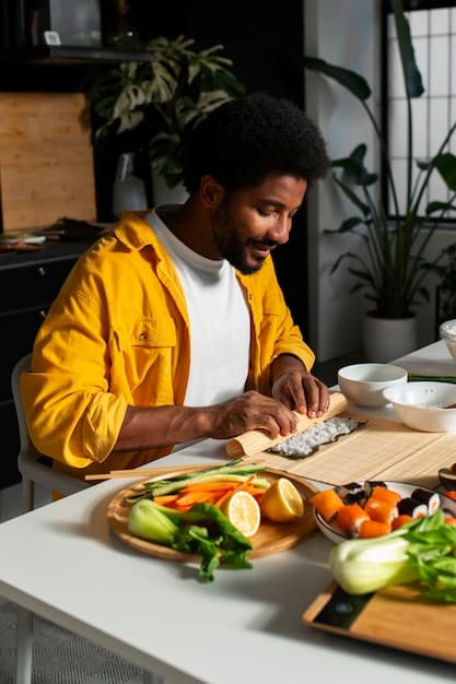 A person with a content expression calmly preparing ingredients for a pre-planned meal in a well-organized kitchen. The focus is on the ease and efficiency of having all necessary components ready, reducing the stress associated with cooking under time constraints.