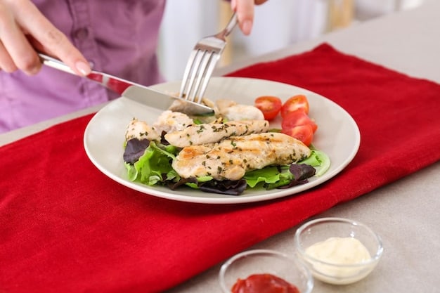 A close-up shot of a plate with a balanced meal for a senior: grilled chicken, steamed broccoli, and quinoa. The food is colorful and appealing, highlighting the importance of nutritious yet simple meals.