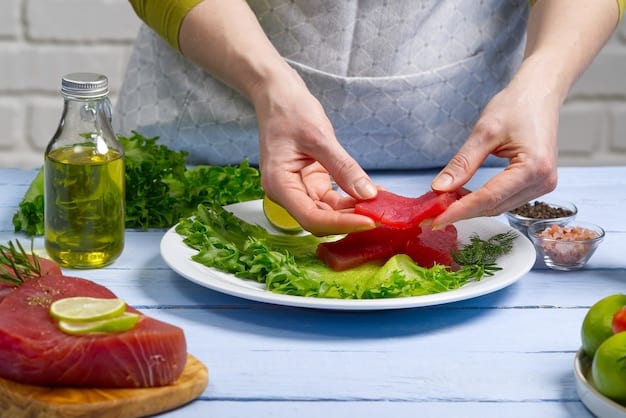 A close-up shot of a person's hands preparing a colorful and fresh salad, with various ingredients and garnishes around, emphasizing the creative and hands-on aspect of meal preparation.