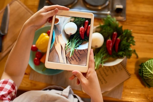 A photograph showcasing a person using a meal planning app on a tablet in a modern kitchen setting, surrounded by recipe books and fresh ingredients, illustrating the integration of technology and traditional resources.