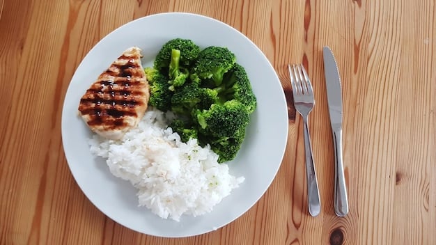 A close-up of a sports nutritionist measuring out specific portions of cooked rice, grilled chicken, and steamed broccoli on a plate to demonstrate proper macro balance for an athlete's meal.