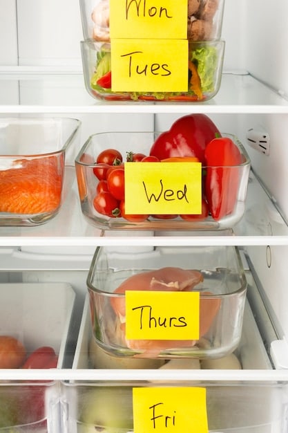 A fridge interior perfectly organized with labeled containers and visible fresh produce, emphasizing efficient inventory management.
