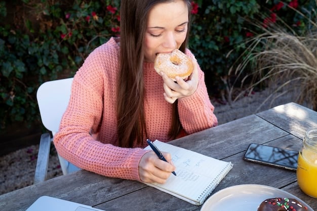 A person journaling their food intake and habits, noting what they eat, when, and how much food ends up being wasted each week. The setting is a cozy kitchen, emphasizing a thoughtful and introspective approach.