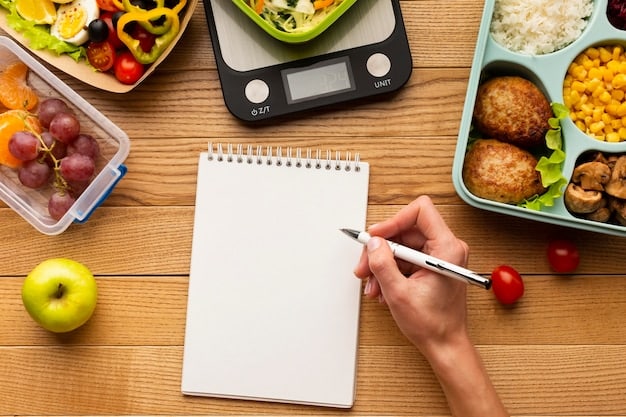 A person writing a meal plan on a notepad, with a calendar nearby and cookbooks in the background. The image conveys organization and preparation.