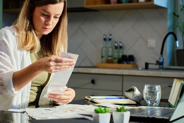 A person reviewing receipts and bank statements, highlighting food-related expenses and noting down relevant data in a notebook. The scene is set at a kitchen table with a laptop and various grocery store flyers.