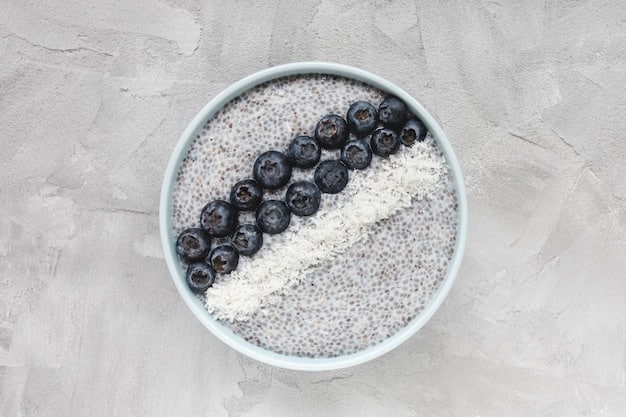 A close-up, overhead shot of a chia seed pudding bowl. The pudding is creamy and speckled with chia seeds, topped with a layer of fresh blueberries, sliced almonds, a drizzle of honey, and a sprinkle of cinnamon.