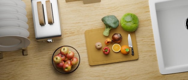 A well-organized kitchen counter featuring various meal prep containers, cutting boards, knives, and measuring cups, showcasing the necessary tools and equipment for efficient and successful meal prepping.