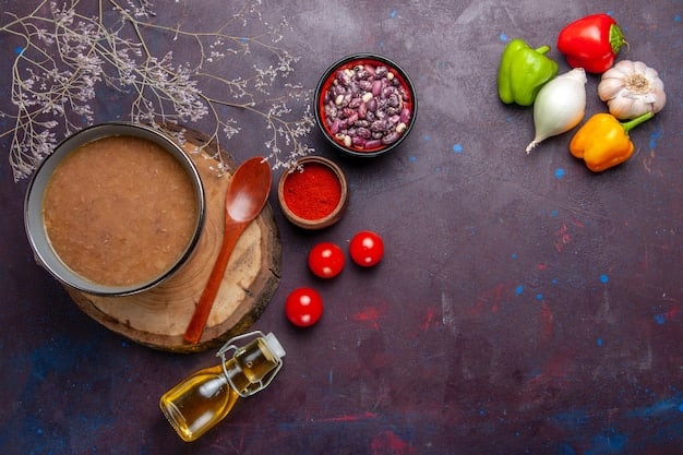 Close-up shot of various low-sodium ingredients on a kitchen countertop, including fresh herbs, spices, low-sodium soy sauce, and unsalted broth.