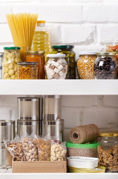A close-up shot of a well-stocked pantry with neatly organized shelves showcasing various essential ingredients for quick and healthy cooking, including canned goods, grains, sauces, and spices, all labeled and easily accessible.