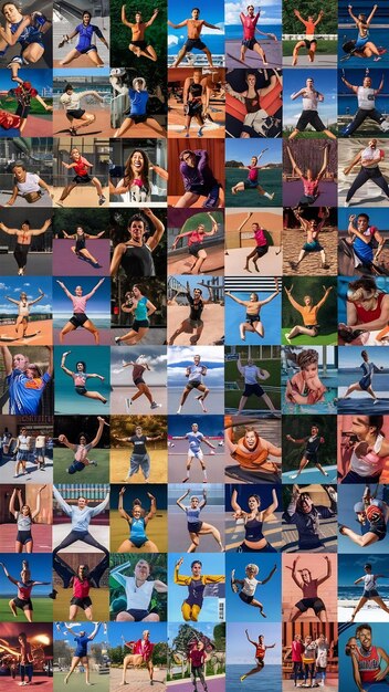 A collage of various calisthenics exercises displayed in a grid. Each part of the collage shows exercises of varying difficulty levels.