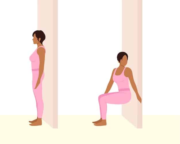 A person performing a wall sit, demonstrating lower body isometric strength. Their back is flat against the wall, knees bent at 90 degrees.