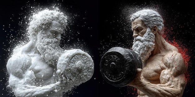 A split-screen image showing the difference between a compound exercise, like a deadlift engaging numerous muscle groups, and an isolation exercise, like a bicep curl targeting only the biceps.