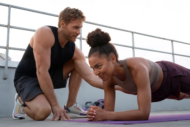 A fitness trainer correcting a person's plank form in a gym setting.