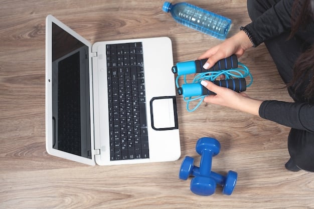 A person browsing online marketplaces on a laptop, searching for used gym equipment with a focus on dumbbells and weight benches.