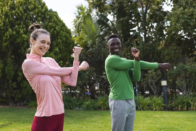 A diverse group of people celebrating their fitness achievements in a park. Some are high-fiving, others are stretching, and all are smiling, conveying a sense of accomplishment and camaraderie. The backdrop is a sunny day with trees and green fields, promoting a positive and supportive environment.