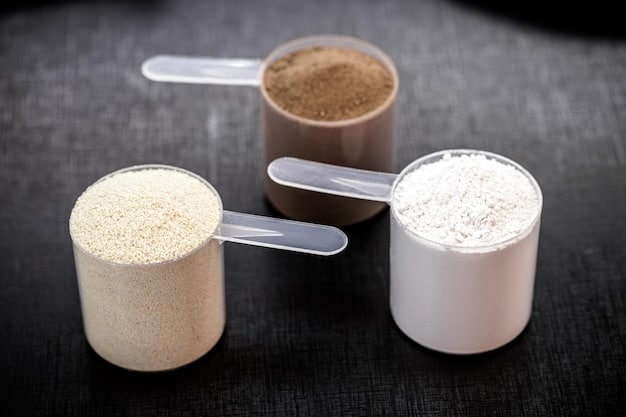 Close-up of different types of protein powder (whey, casein, soy) with labels clearly visible, showcasing the variety of options available in the market.