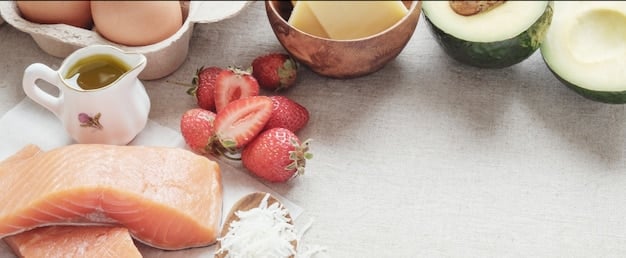 A close-up of various vitamin D-rich foods (salmon, fortified milk, eggs) with a supplement bottle in the background, arranged on a kitchen counter.