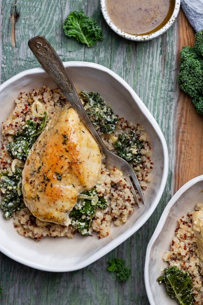 A detailed close-up shot of a high-protein meal consisting of grilled chicken, quinoa, and steamed broccoli. The shot emphasizes the textures and vibrant colors of the food, communicating health and nutrition.