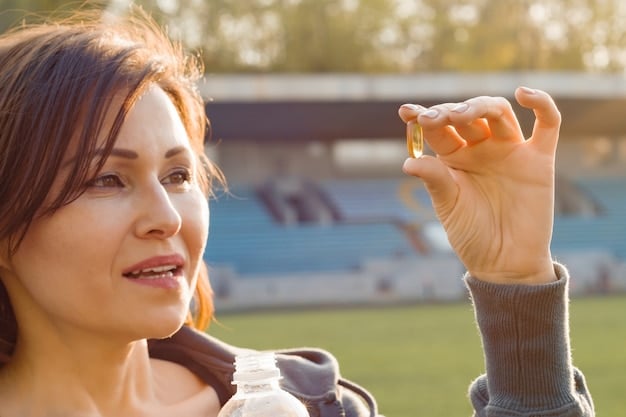 A person taking a vitamin D supplement with a backdrop featuring a sunny outdoor scene. The image should convey the importance of vitamin D supplementation and natural sunlight exposure.