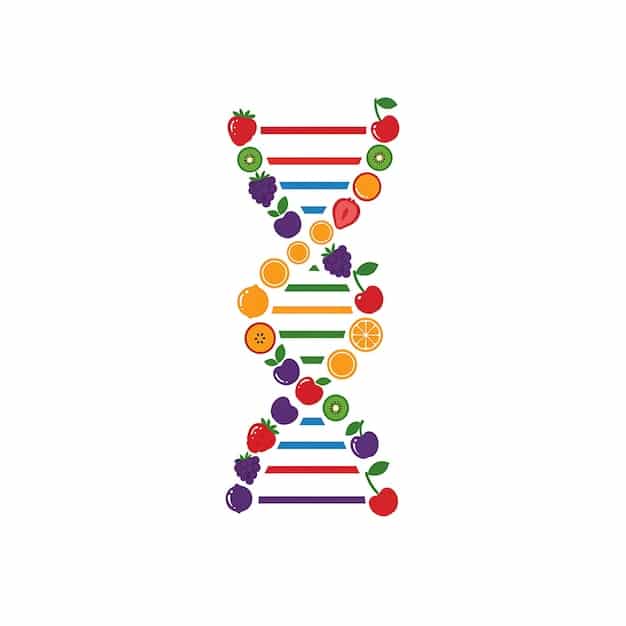 A double helix DNA strand with food icons (e.g., fruits, vegetables, grains) integrated into the structure, symbolizing the connection between genes and nutrition.