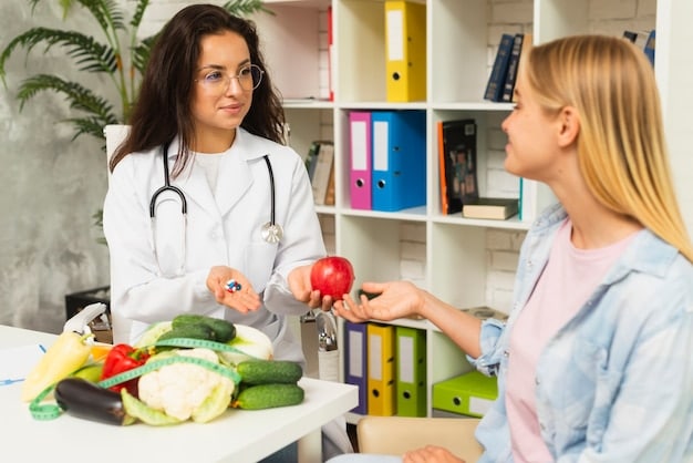 A woman consulting with a nutritionist or dietitian, reviewing DNA test results and discussing a personalized diet plan with various healthy foods displayed.
