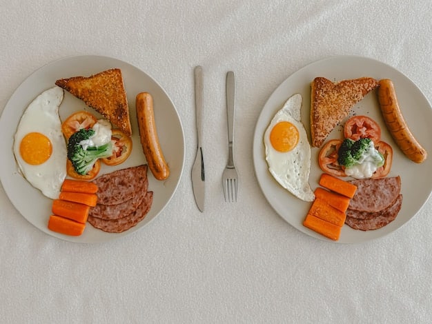 A split image showing two breakfasts side-by-side. One breakfast is a high-GI choice (e.g., sugary cereal and white toast), and the other is a low-GI choice (e.g., oatmeal with berries and nuts). Visual contrast should be apparent.