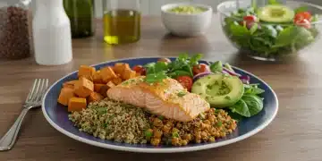 Colorful anti-inflammatory meal with salmon, quinoa, and vegetables for gut health