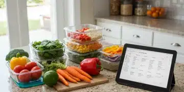 Organized meal prep containers and fresh ingredients on a kitchen counter.