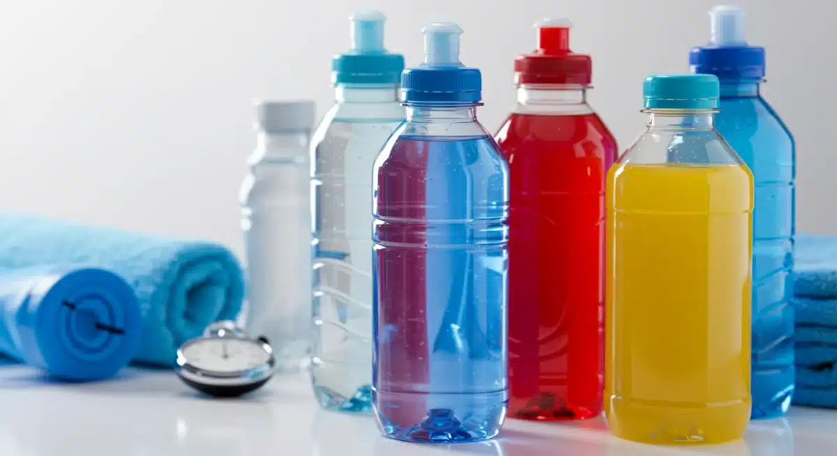 Assortment of sports drinks and water bottles for athletic hydration