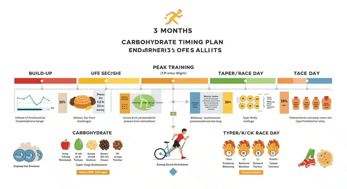 Infographic showing a 3-month advanced carbohydrate timing plan for endurance athletes