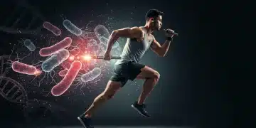 Athlete engaging in sports with a subtle overlay of gut microbiome illustration, symbolizing the strong link between gut health and athletic performance.