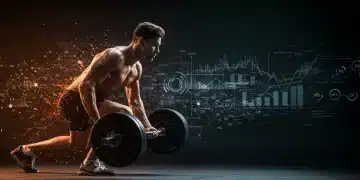 Athlete performing a dynamic exercise with scientific data overlays, symbolizing advanced sports nutrition.