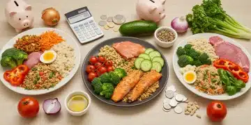 Three diverse, high-protein, and healthy meals artfully arranged with fresh ingredients, symbolizing cost-effective eating and financial savings.