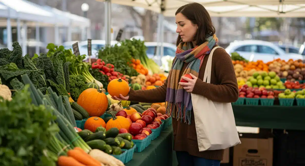 Shopping for local winter produce at a US farmers' market.