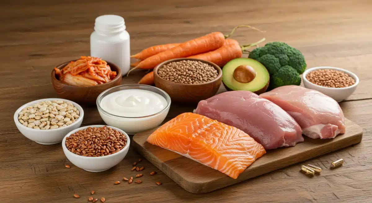 Assortment of gut-friendly foods and supplements on a table, illustrating practical dietary steps for improving gut health in athletes.