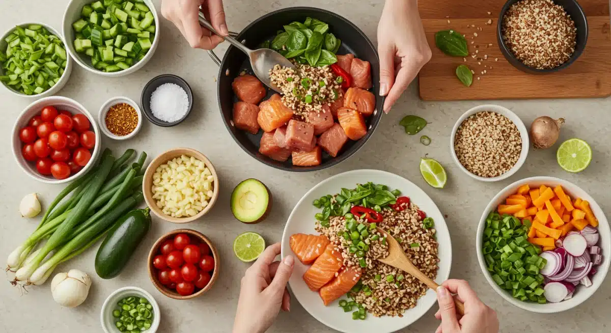 Hands preparing a healthy meal with five core ingredients on a kitchen counter
