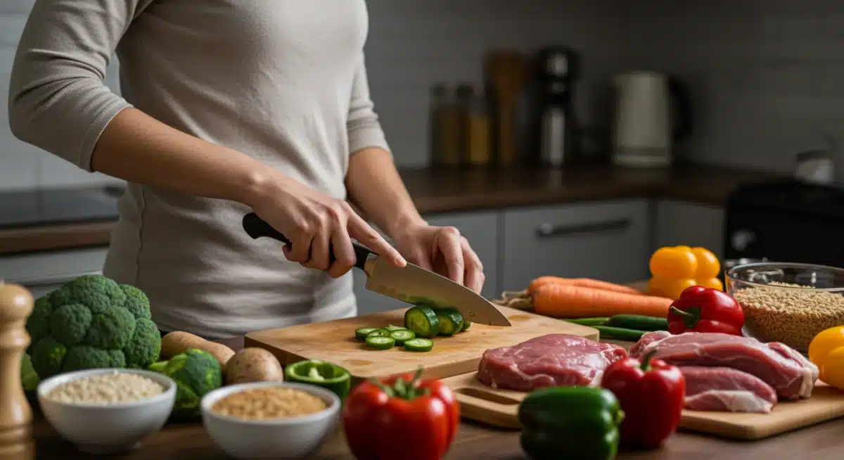Person preparing a healthy meal in a kitchen, focusing on fresh ingredients.