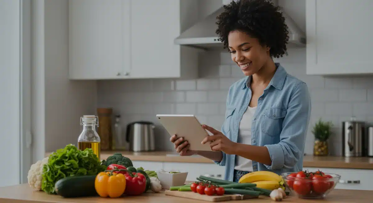 Person cooking in a clean kitchen, following a recipe on a tablet from a meal planning app, with fresh ingredients ready for preparation.