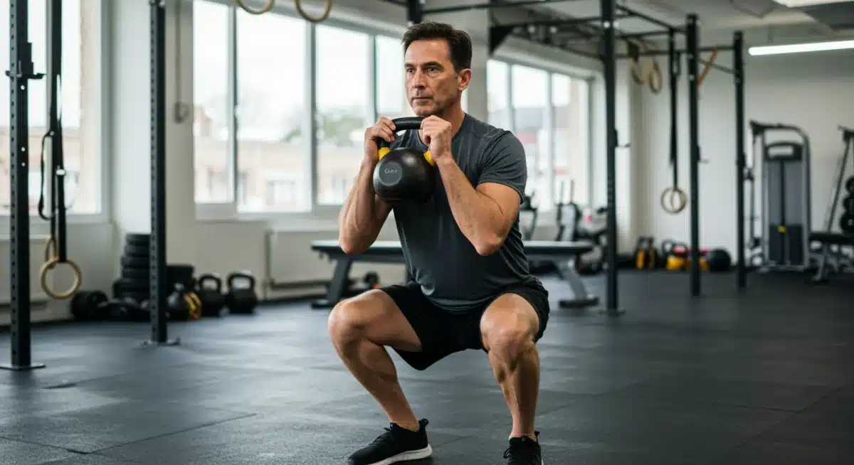 Man over 40 performing a kettlebell squat with excellent form