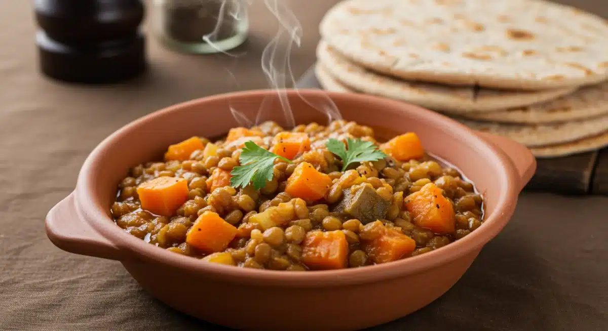 Hearty and affordable lentil and vegetable stew with whole-wheat pita bread, representing a budget-friendly, high-protein meal.